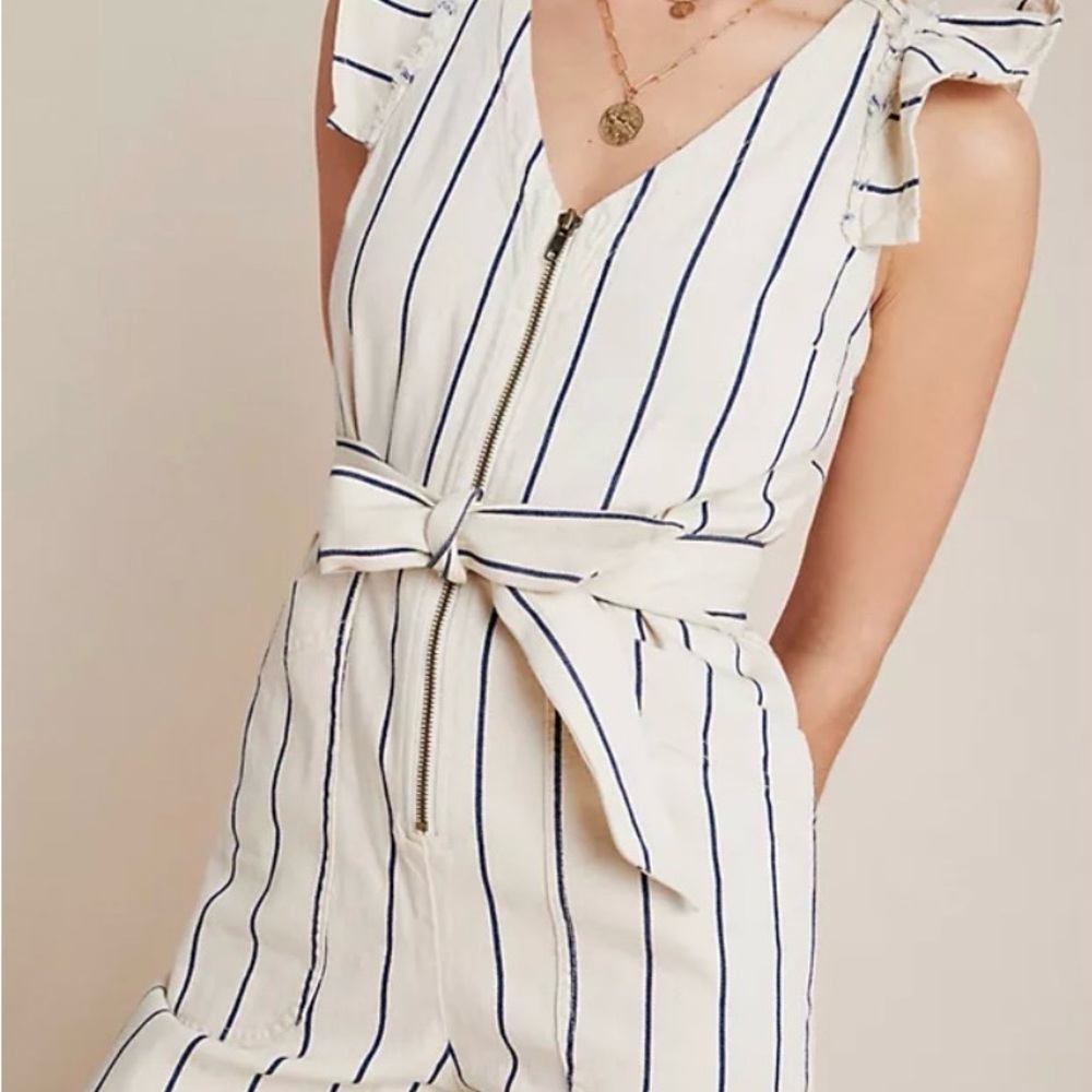 Anthropologie Navy and Cream Striped Jumpsuit